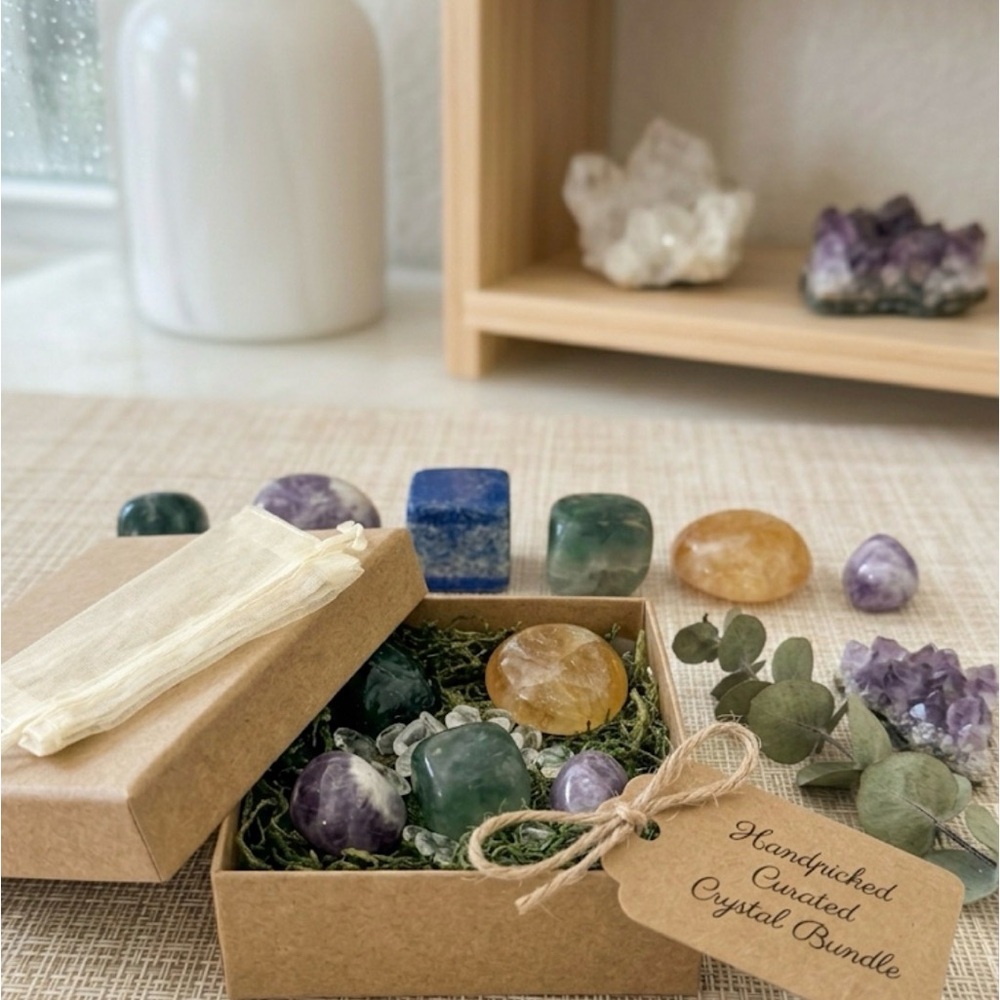 6  Crystal Set: Amethyst Lepidolite Moss Agate Golden Healer Lapis Flourite Gift
